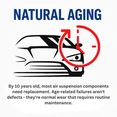 Infographic explaining how aging affects Land Rover air suspension problems after ten years of use