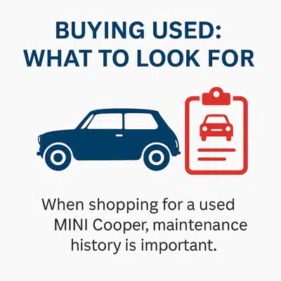 An infographic about checking maintenance history when buying a used MINI, related to how long do MINI Coopers last