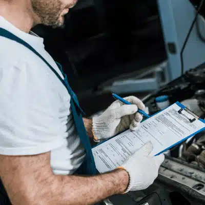 Mechanic wearing gloves completes repair checklist on clipboard beside engine bay during scheduled service today