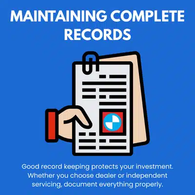 Illustrated document with BMW logo promoting proper maintenance record keeping for vehicle servicing and investment protection