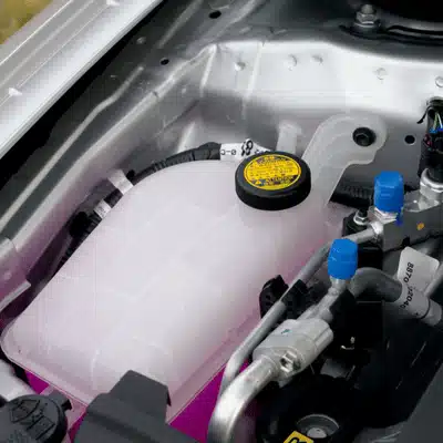 Engine bay view showing translucent coolant overflow tank, capped properly, with hoses and components surrounding