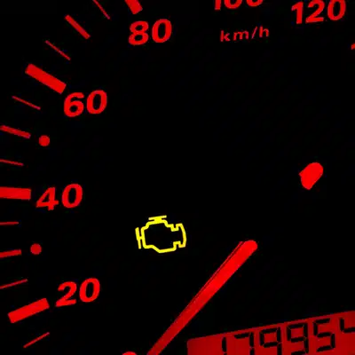Dashboard instrument cluster shows illuminated check engine light indicating stored fault codes requiring service soon