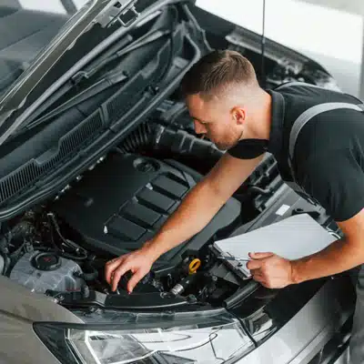 Auto technician examines components under hood while noting observations on clipboard during service inspection today