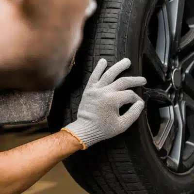 Gloved hand checks tire tread depth and wear, visiting BMW auto shop near me