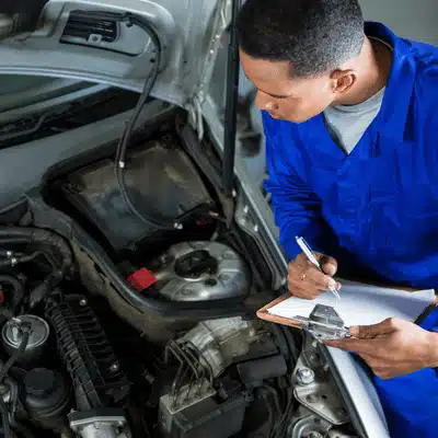 Volkswagen auto repair technician checks engine compartment and writes service notes on clipboard during inspection