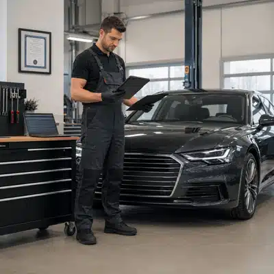 An audi specialist reviews service details on a tablet beside a black Audi in a modern auto shop