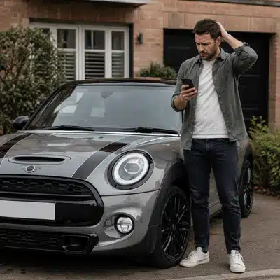 A worried MINI Cooper owner checks his phone beside his car while searching for mini repair near me help