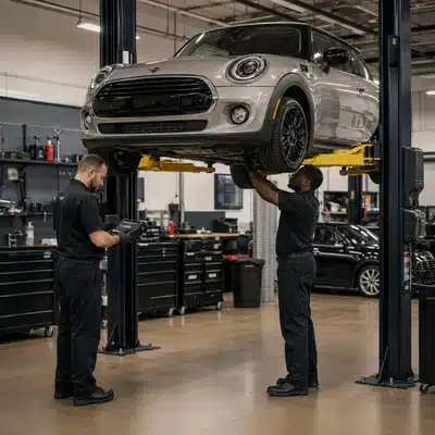 Two technicians inspect a MINI Cooper on a service lift during a professional mini repair near me appointment