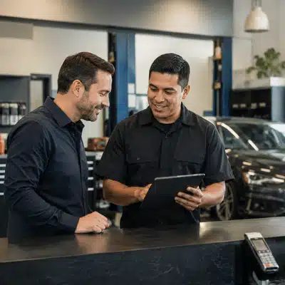 An audi specialist explains service findings to a customer using a tablet at the repair shop counter