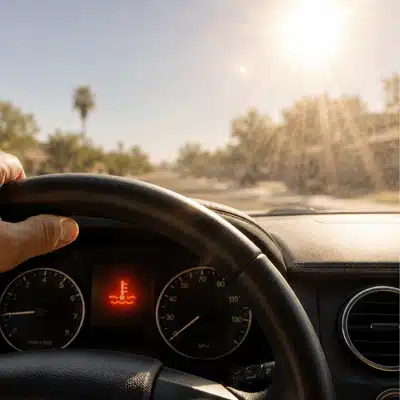 A Land Rover dashboard shows an engine temperature warning light under strong sunlight, suggesting the need for land rover engine repair